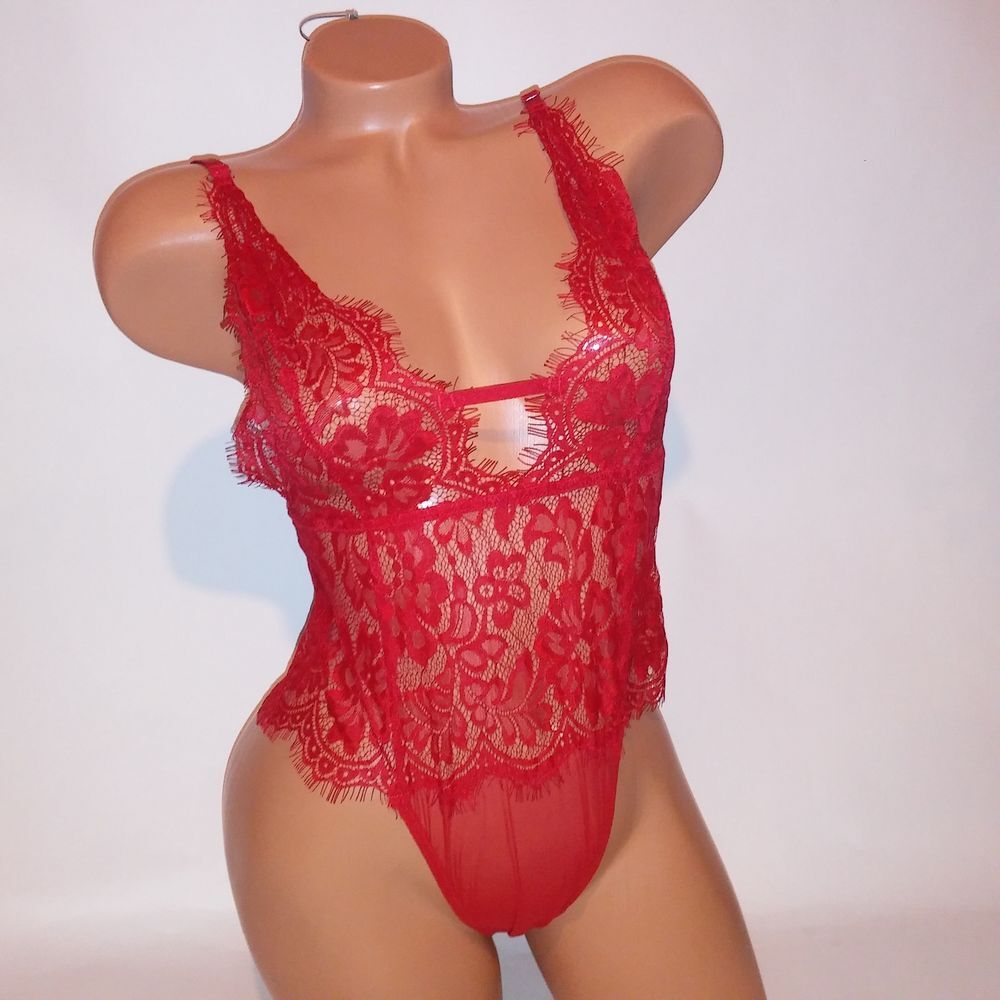 Adore Me Lingerie Teddy One Piece Bodysuit Medium Red Allover Lace Pull On Wirel